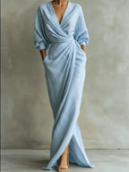 Women V-Neck Solid Cotton Maxi Dress With Draped Detail