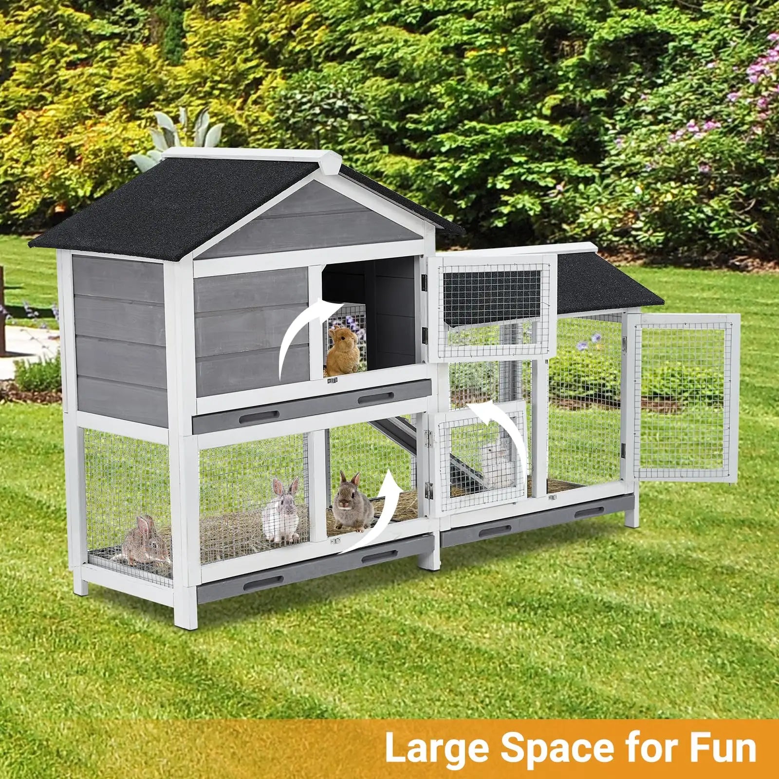 58'' Bunny Hutch Indoor Bunny Cage, with 3 Leak-Proof Removable Trays, Wooden Waterproof Roof Rabbit Hutch Indoor/Outdoor, 2-Tier Bunny House/Chicken Coop, Gray and Black