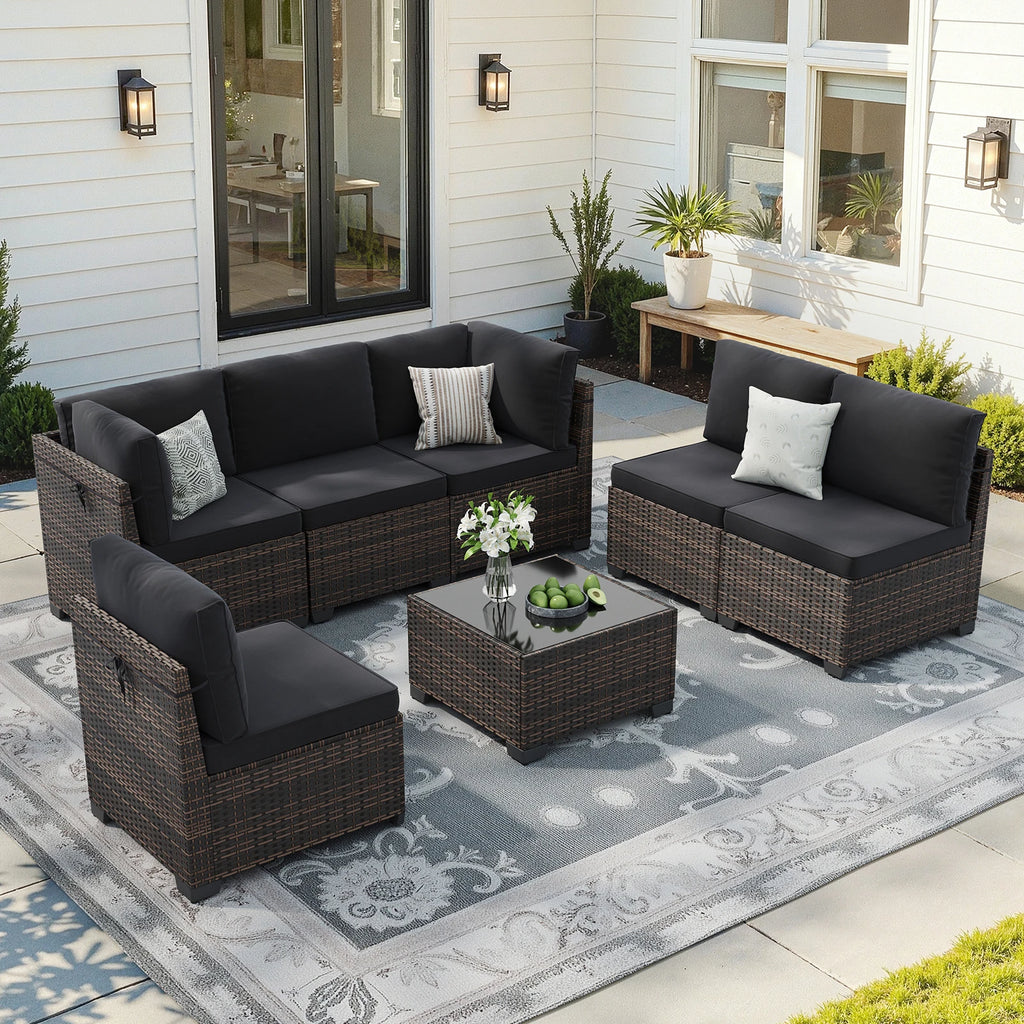 7 Piece Patio Furniture Set, Outdoor Sectional Rattan Conversation Set for Garden, Porch, Backyard