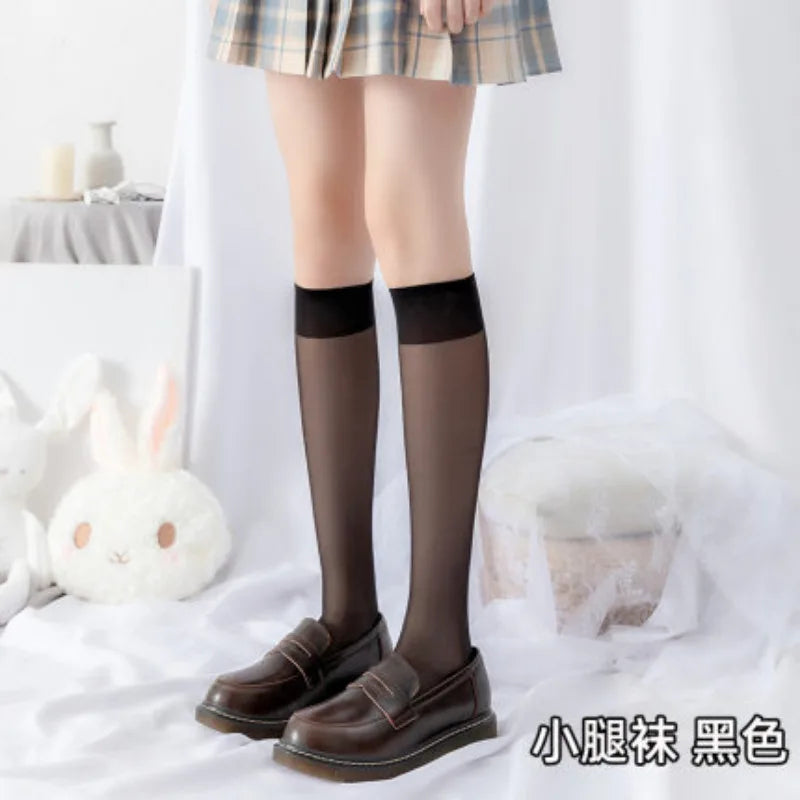 Black Nylon Mesh Stockings Summer Ultra-thin Transparent Knee High Socks Japanese Style School Girls Black White Socks Stockings