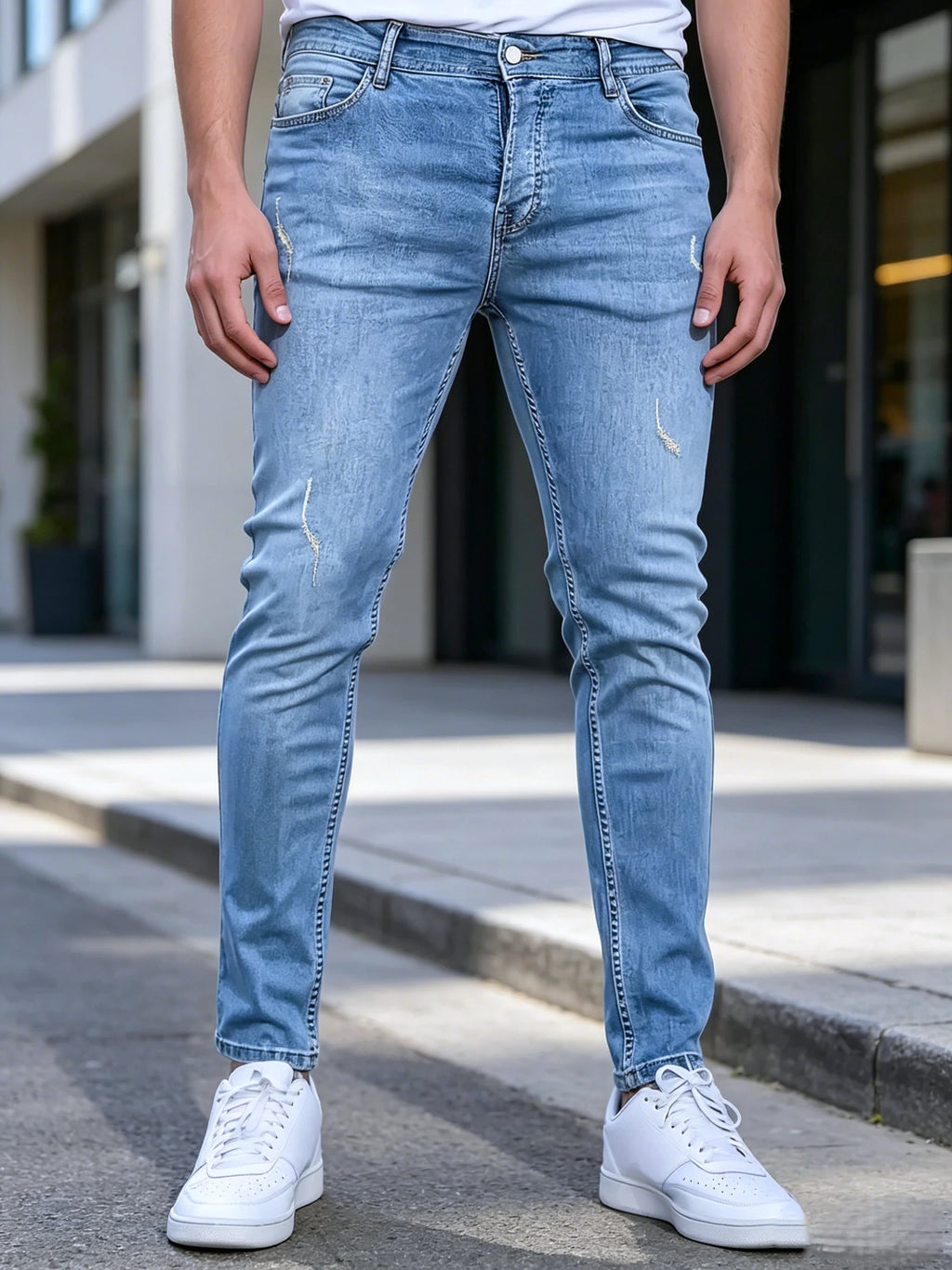 Slim Fit Jeans Men Sky Blue Fine Distressed Hole Design Jeans Versatile Mid Waist All Season Pants Urban Daily Matching Casual Long Trousers