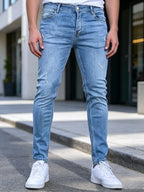 Slim Fit Jeans Men Sky Blue Fine Distressed Hole Design Jeans Versatile Mid Waist All Season Pants Urban Daily Matching Casual Long Trousers