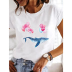 【New Arrival】Women's White Dragonfly Print Tee Let It Be Summer Casual Top
