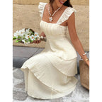 Women's French Elegant Cream White Summer Pleated Dress,Small Flying Sleeves Tropical Vacation Holiday Sundress,Tea Party Weddin