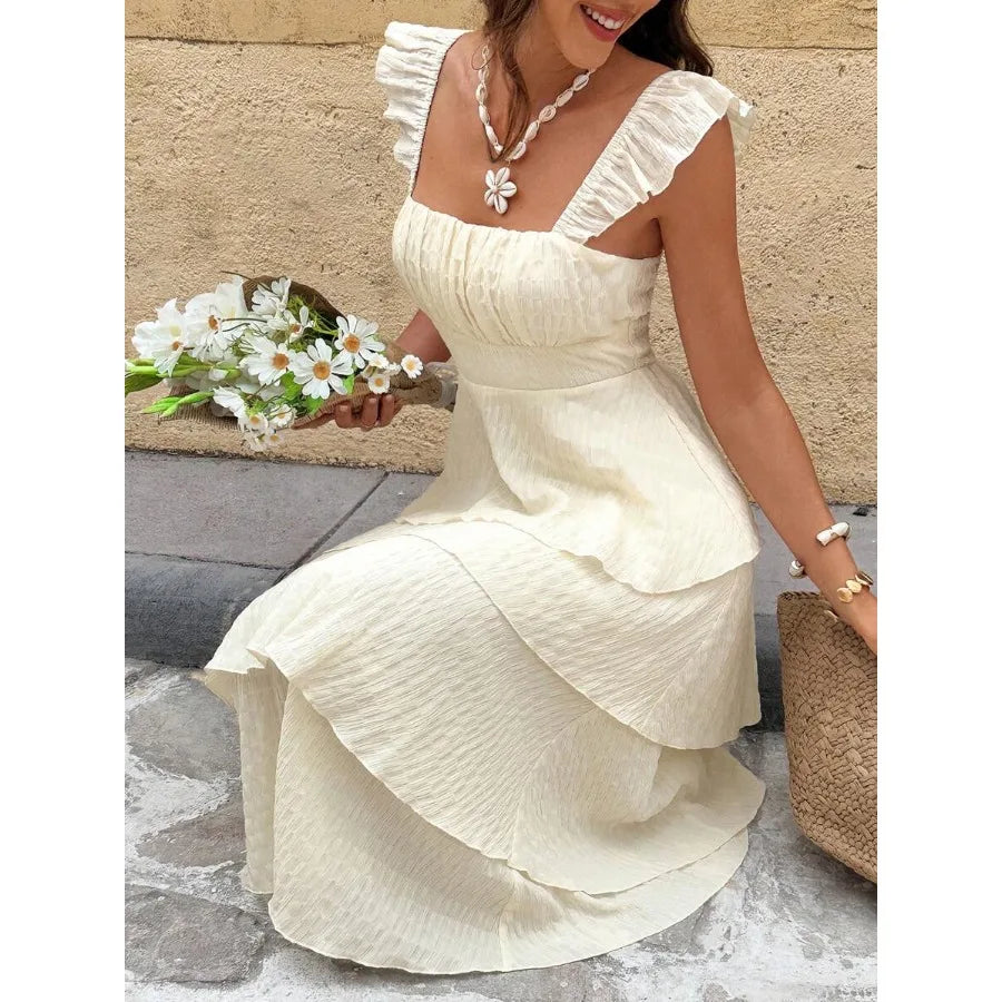 Women's French Elegant Cream White Summer Pleated Dress,Small Flying Sleeves Tropical Vacation Holiday Sundress,Tea Party Weddin
