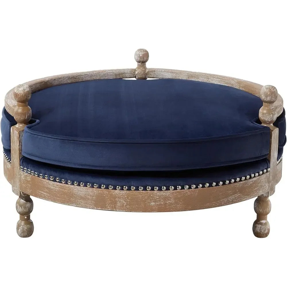 Handcrafted Weathered Oak Dog Bed with Removable Waterproof Velvet Cushion, Navy Blue