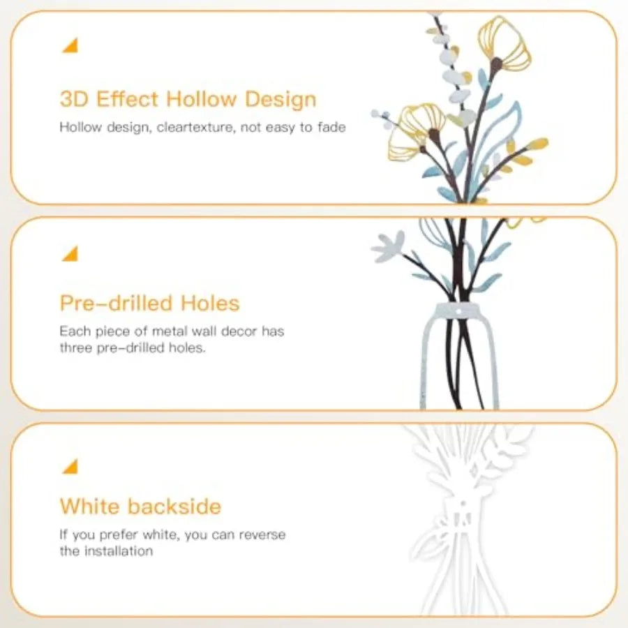 3 Pcs Metal Flowers Wall Art for Living Room, Dining Room, Bedroom Decor Minimalist Floral Vases Wall Decor Boho Metal Wall Art