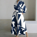 White V-Neck Long Sleeve Loose A-Line Shirt Dress Women Casual Elegant Midi
