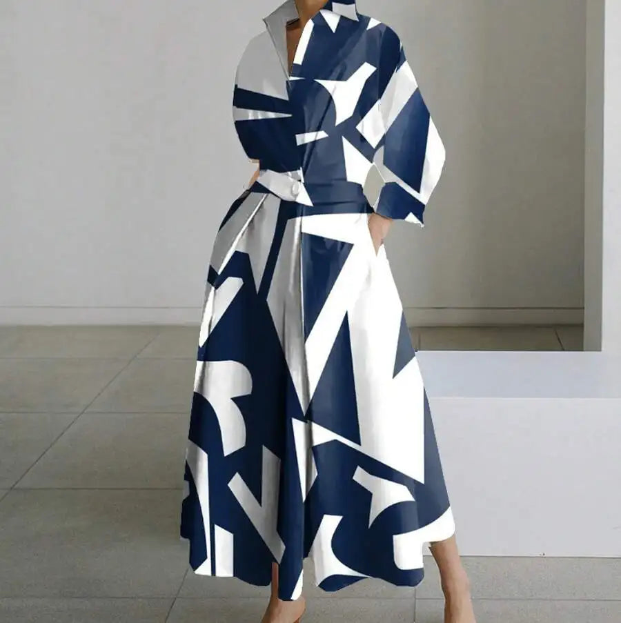 White V-Neck Long Sleeve Loose A-Line Shirt Dress Women Casual Elegant Midi