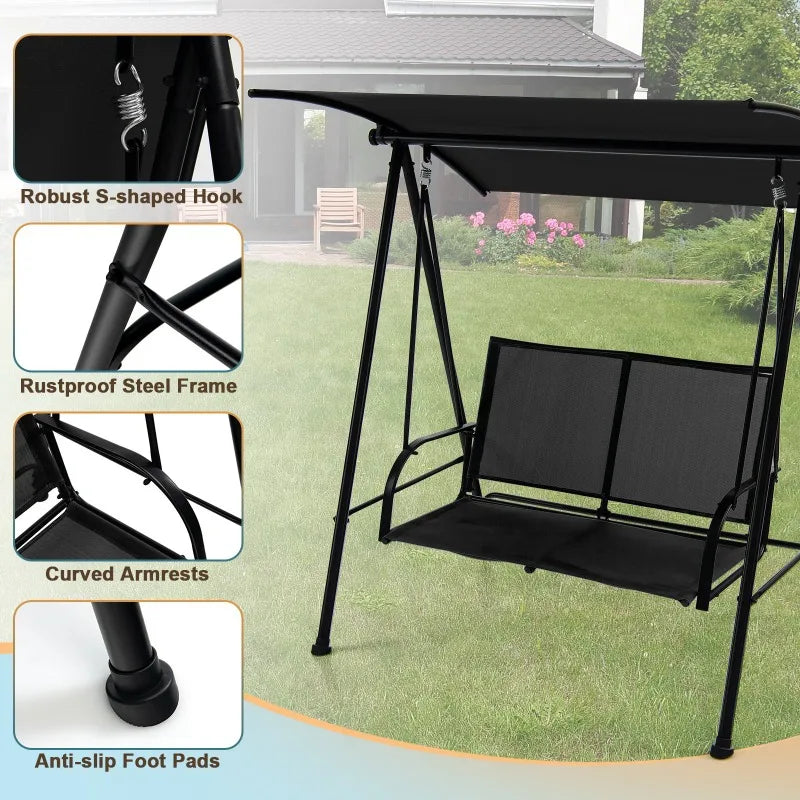 2-Seat Patio Swing Porch Swing w/ Adjustable Canopy for Garden Black Outdoor Furniture