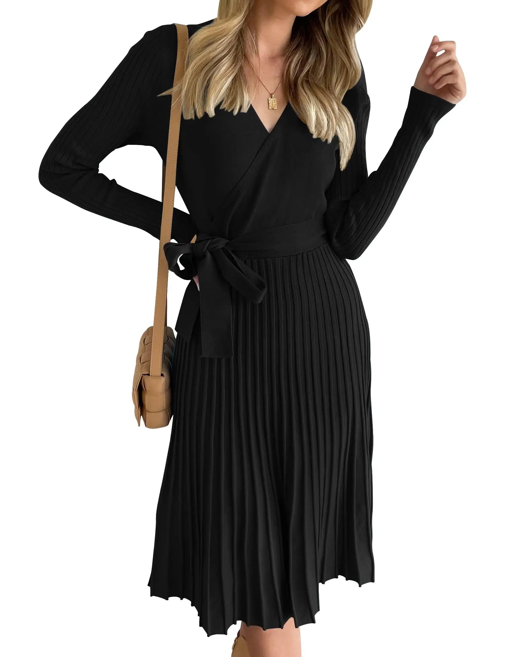 Womens Long Sleeve Wrap V Neck Ribbed Knit Pleated A-Line Sweater Dress With Belt