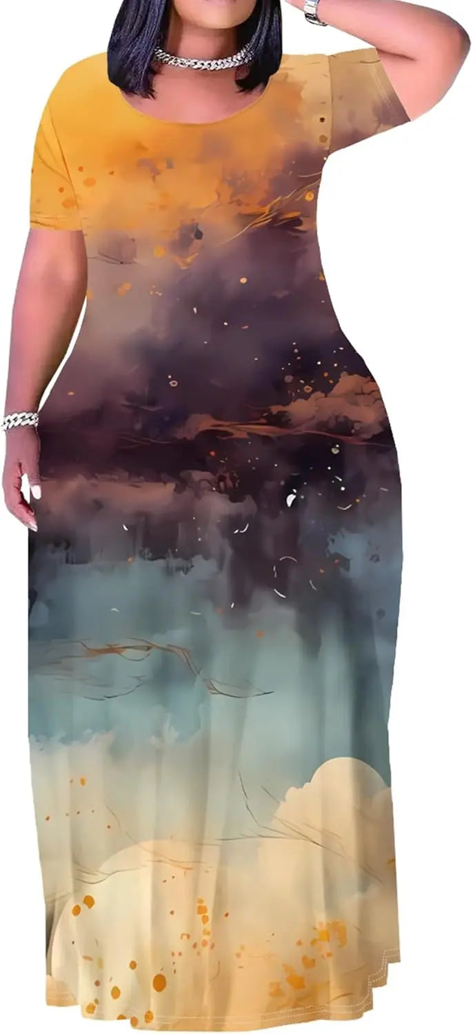 Plus Size Maxi Dress for Women Summer Casual Short Sleeve Tshirt Dresses with Pockets (XL-6XL)