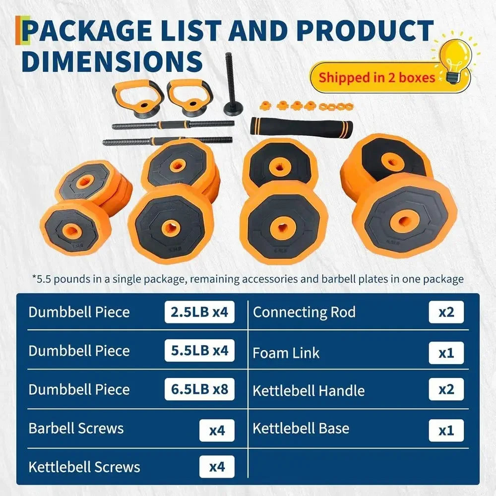 44/66/88 LBS 4-In-1 Adjustable Home Gym Set - Dumbbell, Kettlebell, Barbell, Strength Training for Full Body Workout