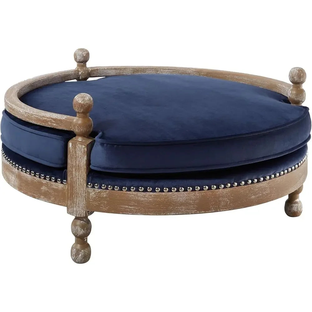 Handcrafted Weathered Oak Dog Bed with Removable Waterproof Velvet Cushion, Navy Blue