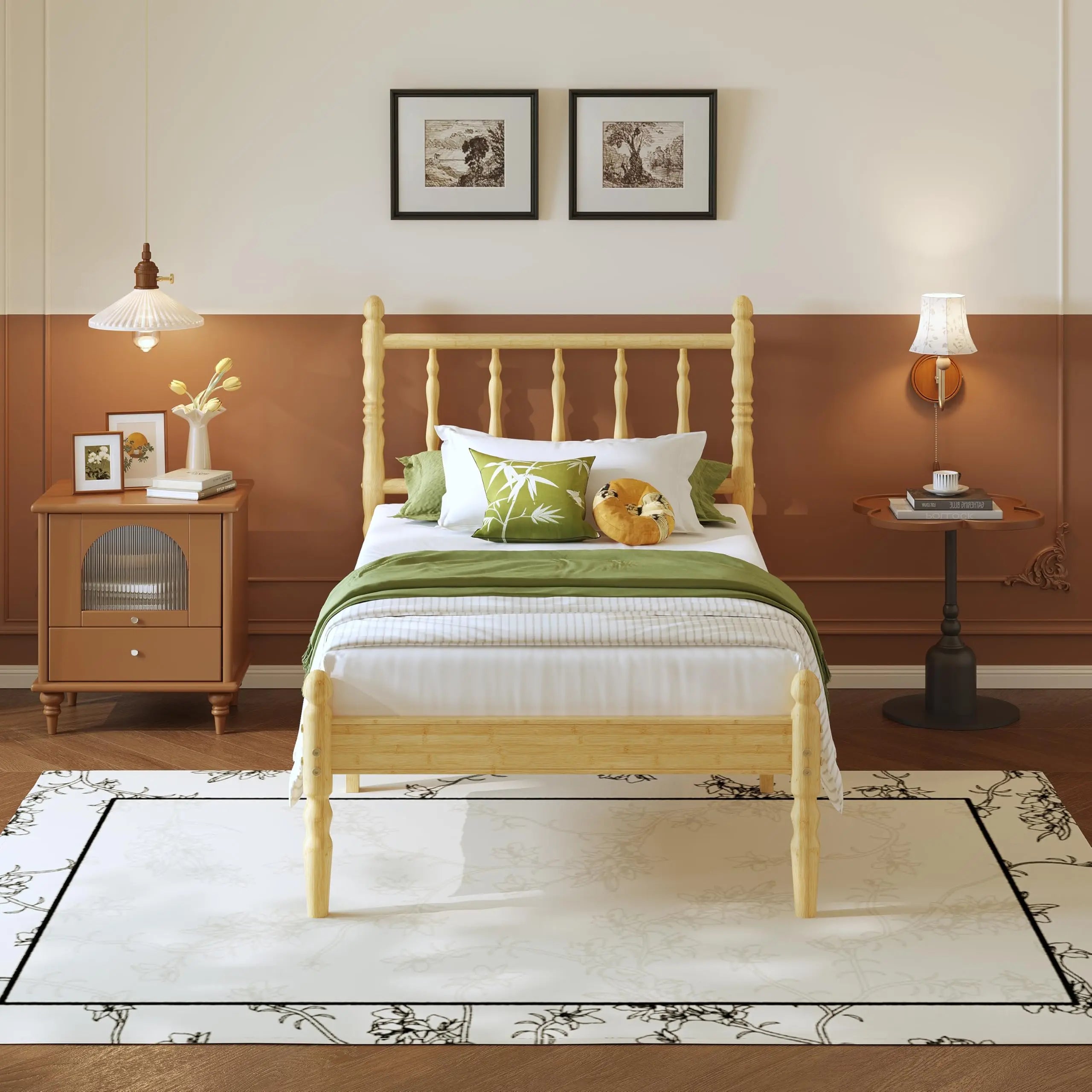 Twin XL Bamboo Platform Bed Frame With Scalloped Headboard 14 Inch Height Metal Slat Support