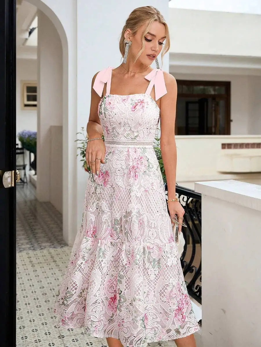 Womens Summer Lace Floral Print Spaghetti Strap Elegant Midi Dress For Party Wedding Guest