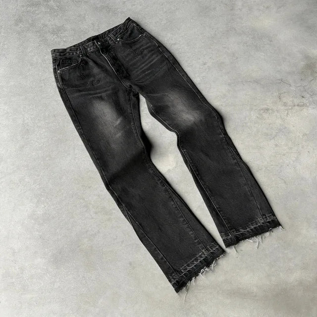 American Vintage Washed Jeans Men Women Retro Distressed Raw Hem Flare Denim Pants Y2K Grunge Streetwear Loose Hip Hop Trousers 2026