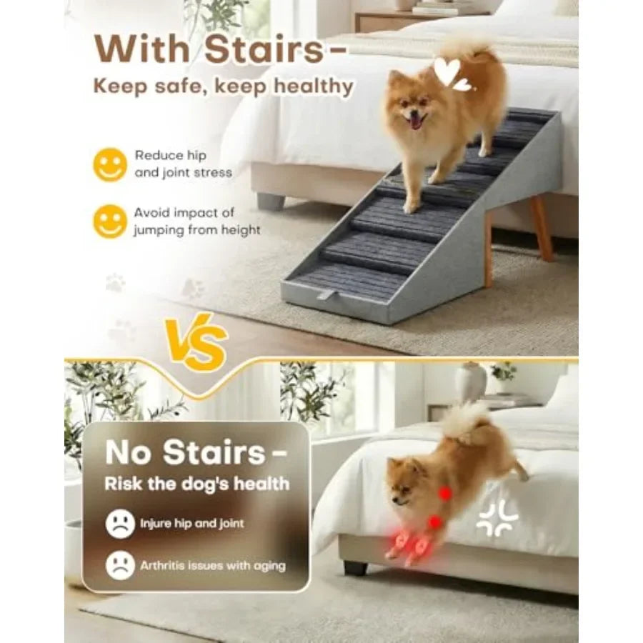 Dog Ramp for Bed Couch: Wooden, Brown, Foldable 2-in-1 Split Ottoman Design with No-Slip Surface for Large/Medium/Small Dogs