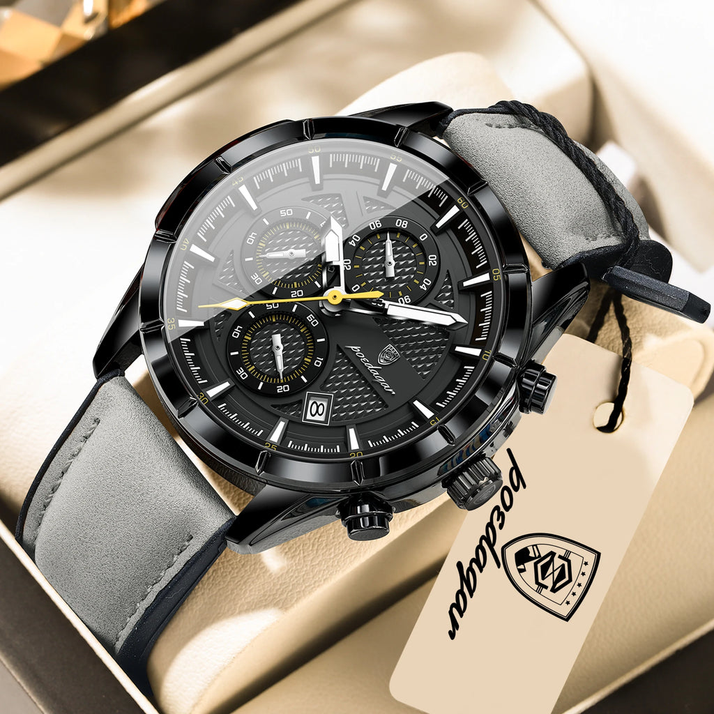 POEDAGAR Top Original Vintage Men Wristwatch Date Chronograph Fashion Leather Quartz Men's Watches Waterproof Luminous Business Man Watch High Quality Reloj