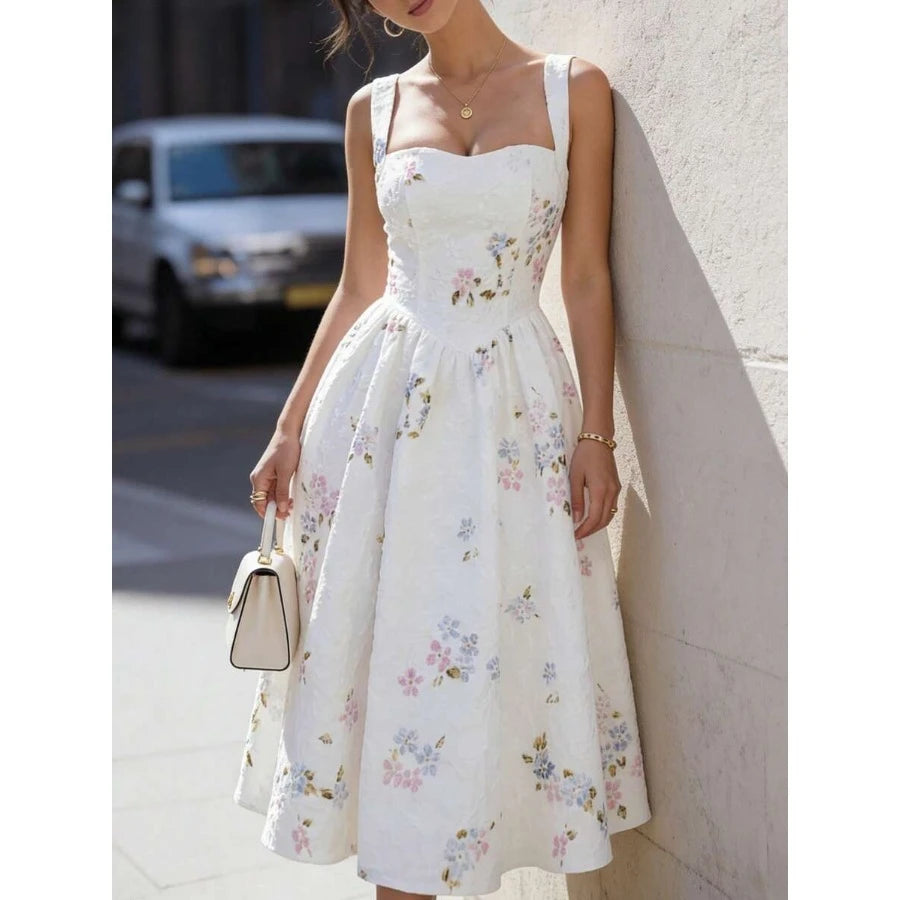 Women's White Floral Ruffle Hem Midi Dress, Square Neck Sleeveless Dress, Sweet Romantic Summer Holiday Dress
