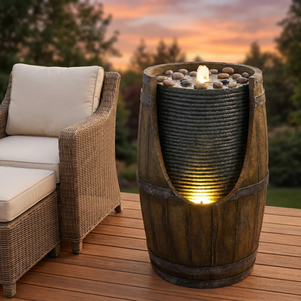 Outdoor Water Fountain with Bird Waterer, Rustic Barrel Garden Fountain with LED Lights and Pump, Faux Wood Resin Water Feature for Patio Backyard Porch Yard