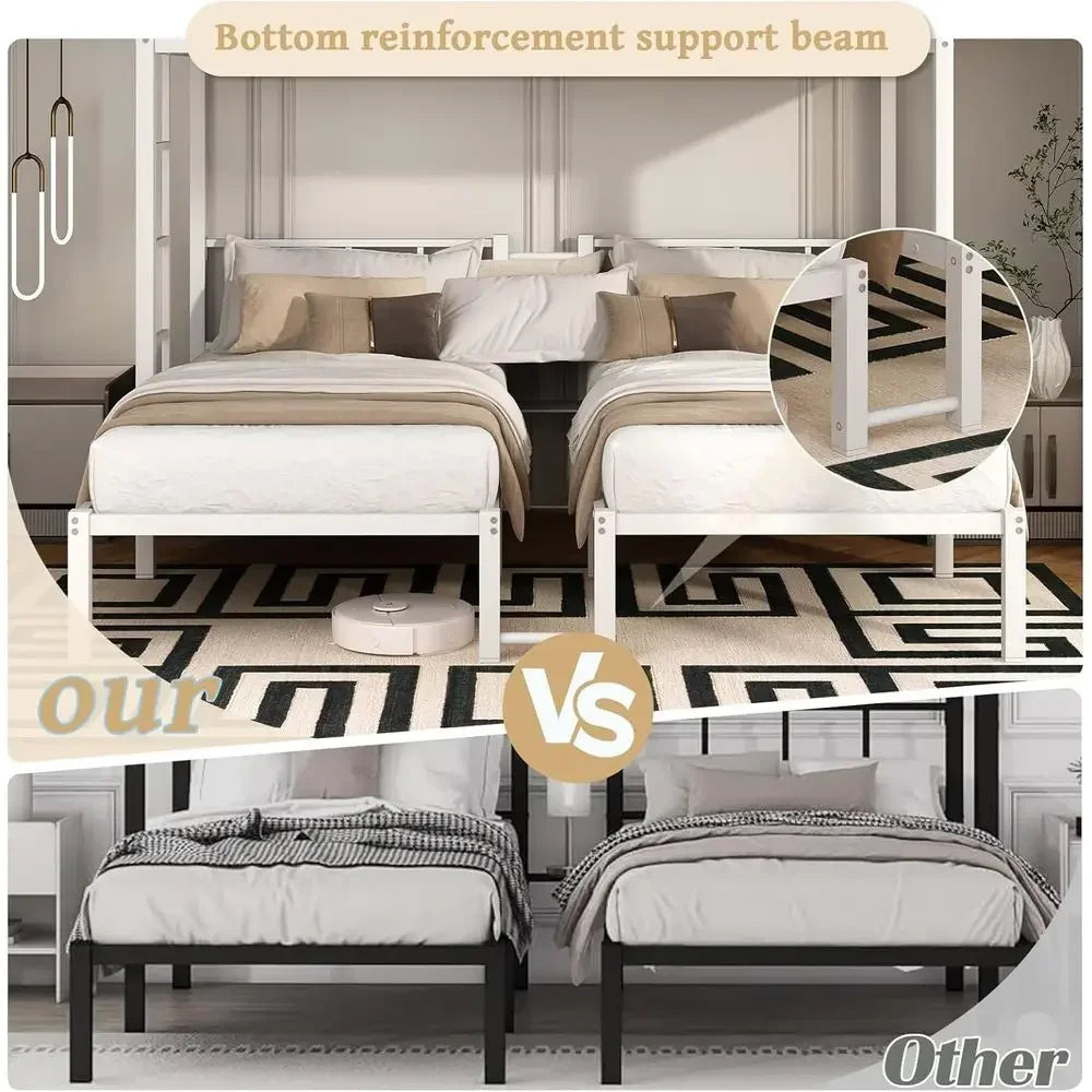 Sturdy Triple Bunk Bed - 3 Twin Beds with Railings & Ladder, Metal Frame, Suitable for Teens & Adults, White