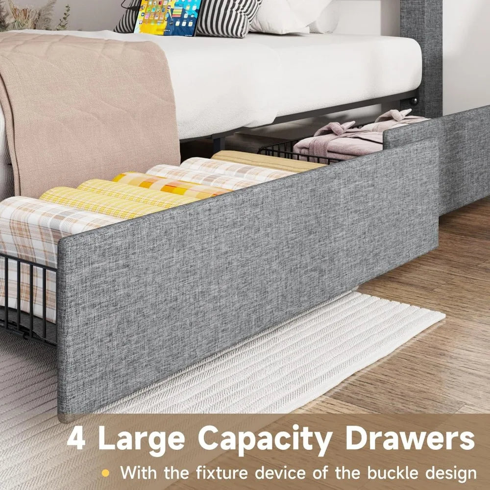 Twin Bed Frame with Storage Headboard and 4 Drawers,Upholstered Platform with Charging Station and Led Lights,Adjustable