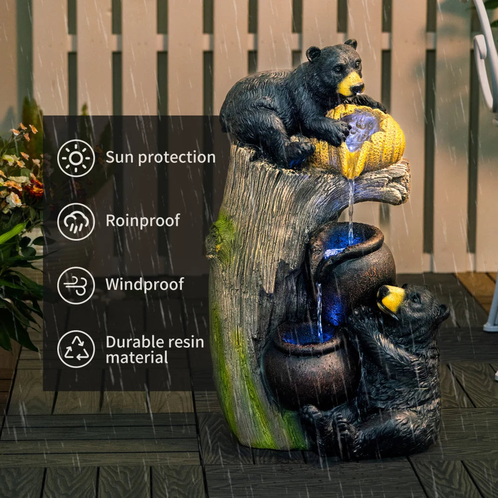Bear Outdoor Water Fountain with LED Lights Cascading Fountains Outdoor for Patio Yard Balcony 23.62'' Garden Fountains Outdoor and Outdoor Water Fountain Decor