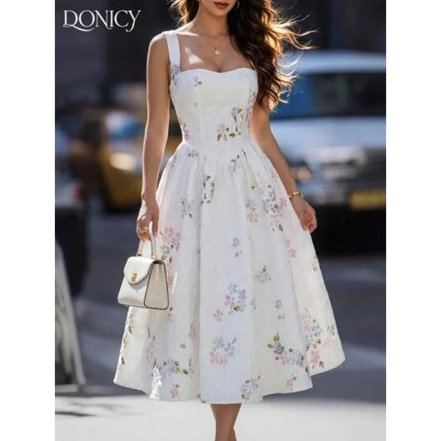 Women's White Floral Ruffle Hem Midi Dress, Square Neck Sleeveless Dress, Sweet Romantic Summer Holiday Dress