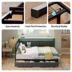 Full Corner Bed Frame with Storage Drawers and Charging Station, Modern Full Daybed with LED Lights and Upholstered Guardrail,