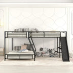 L-Shaped Bunk Bed with Twin Over Full Metal Frame, Built-in Desk and Slide for Kids (Black)