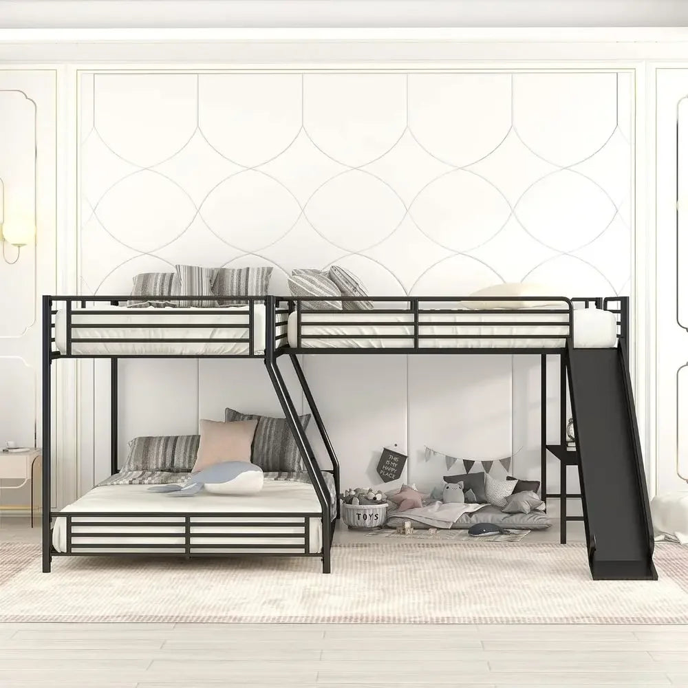 L-Shaped Bunk Bed with Twin Over Full Metal Frame, Built-in Desk and Slide for Kids (Black)