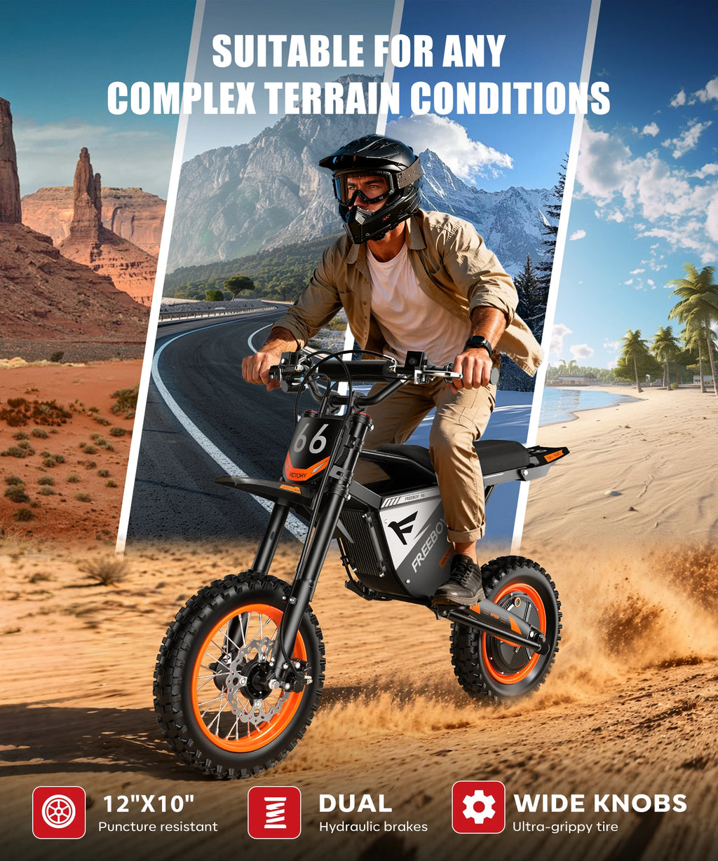 Y66 FREEBOY Adult Electric Dirt Bike 2000W Rear Motor 48V 22.5Ah Battery 34MPH Max Speed 12"+10" All Terrain Fat Tire Off Road Electric Motorcycle Hydraulic Disc Brake Electric Motorbike for Outdoor Mountain Trail Riding
