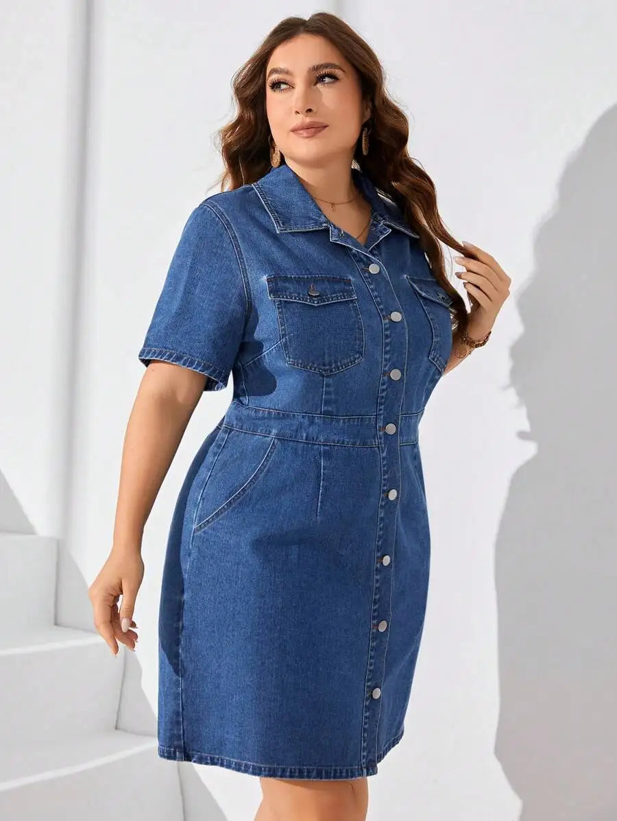 Plus Size Button-Down Casual Short Sleeve Denim Dress