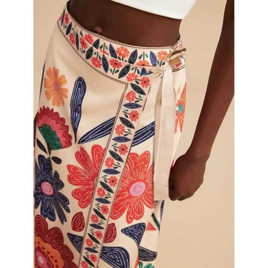 Womens Floral Wrap Midi Skirt Summer Adjustable Tie Side Casual High Waist A Line Beach Boho Long Fla Skirts