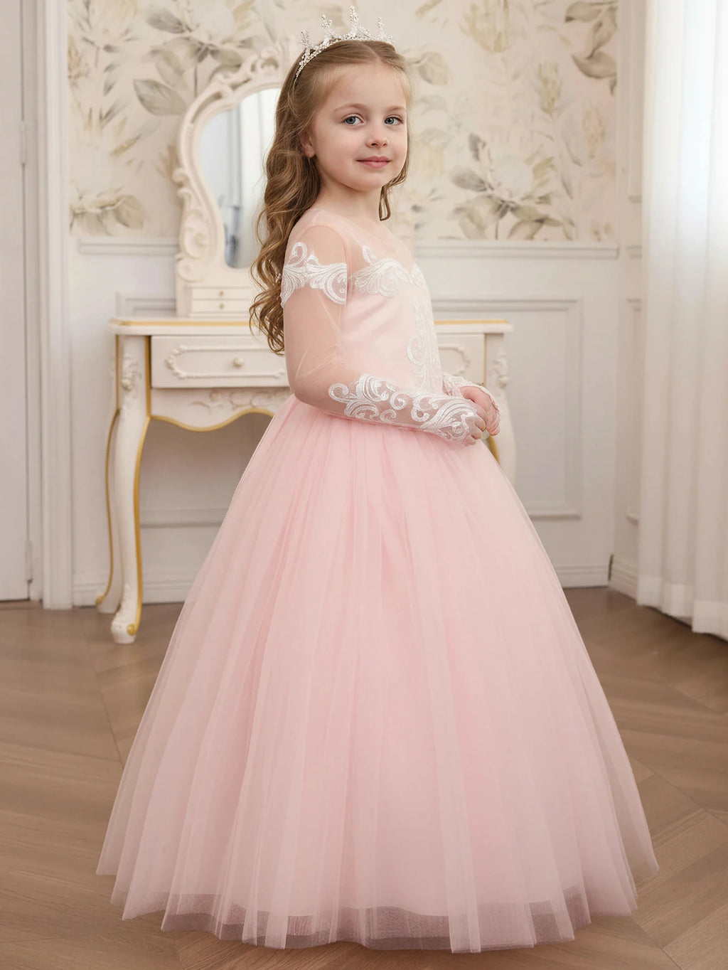 Junior Bridesmaid Dress for Girls, Pink Tulle Lace Backless Formal Gown, Elegant Wedding Party Outfit with Pearl Detail