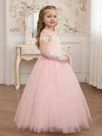 Junior Bridesmaid Dress for Girls, Pink Tulle Lace Backless Formal Gown, Elegant Wedding Party Outfit with Pearl Detail