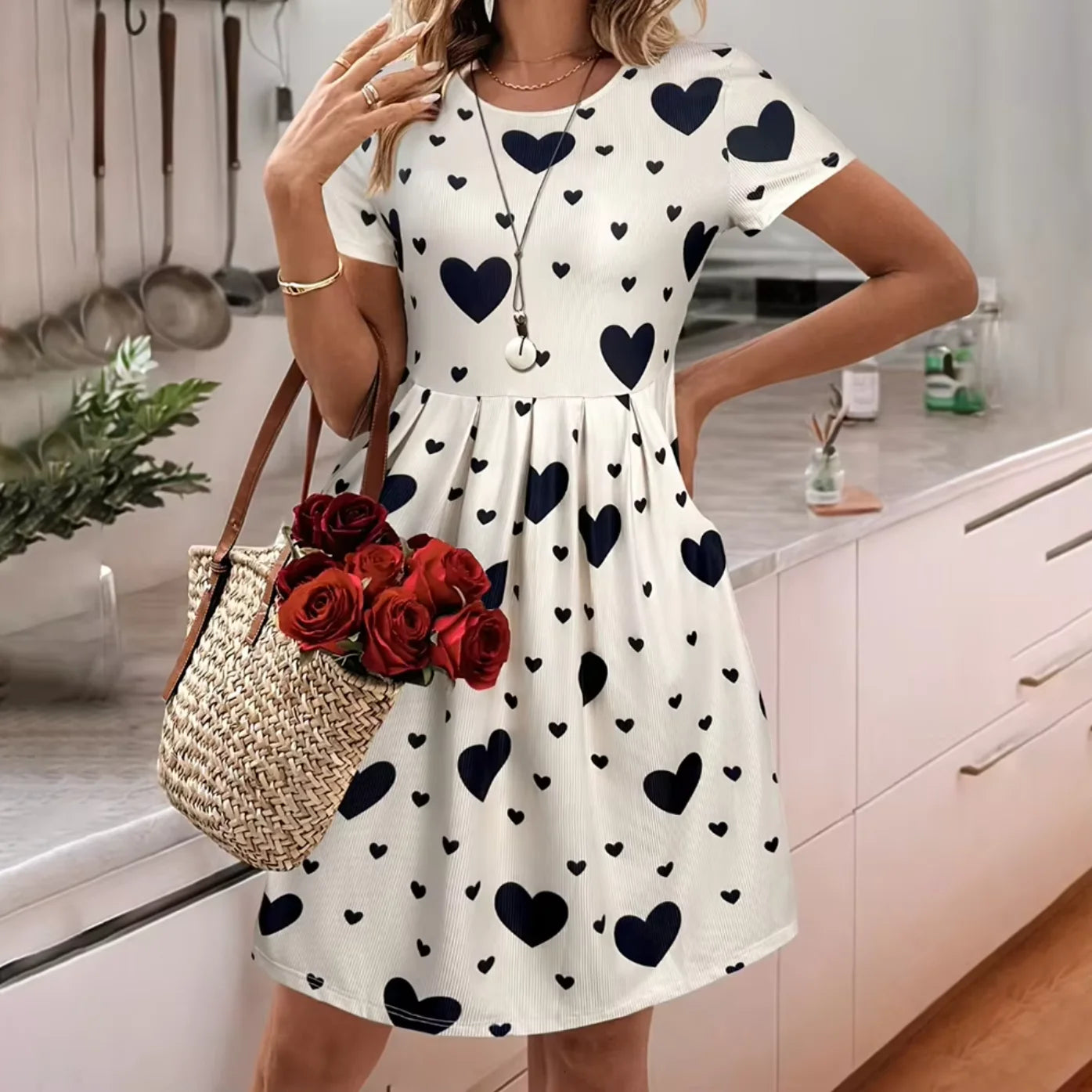 Pocket A-line Midi Dress European American Women Dress Short Sleeve Round Neck Off White Heart Print Casual Spring Summer Outfit