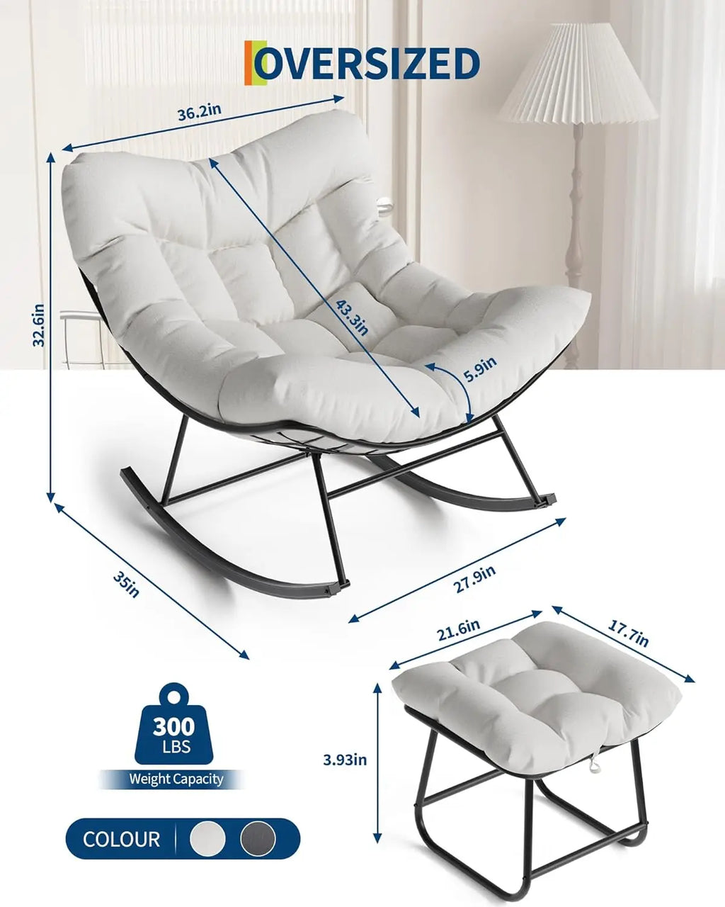Oversized Papasan Rocking Chair With Footrest, Indoor Outdoor Egg Lounge Rocker, 350LBS Metal Frame For Patio Porch Living Room