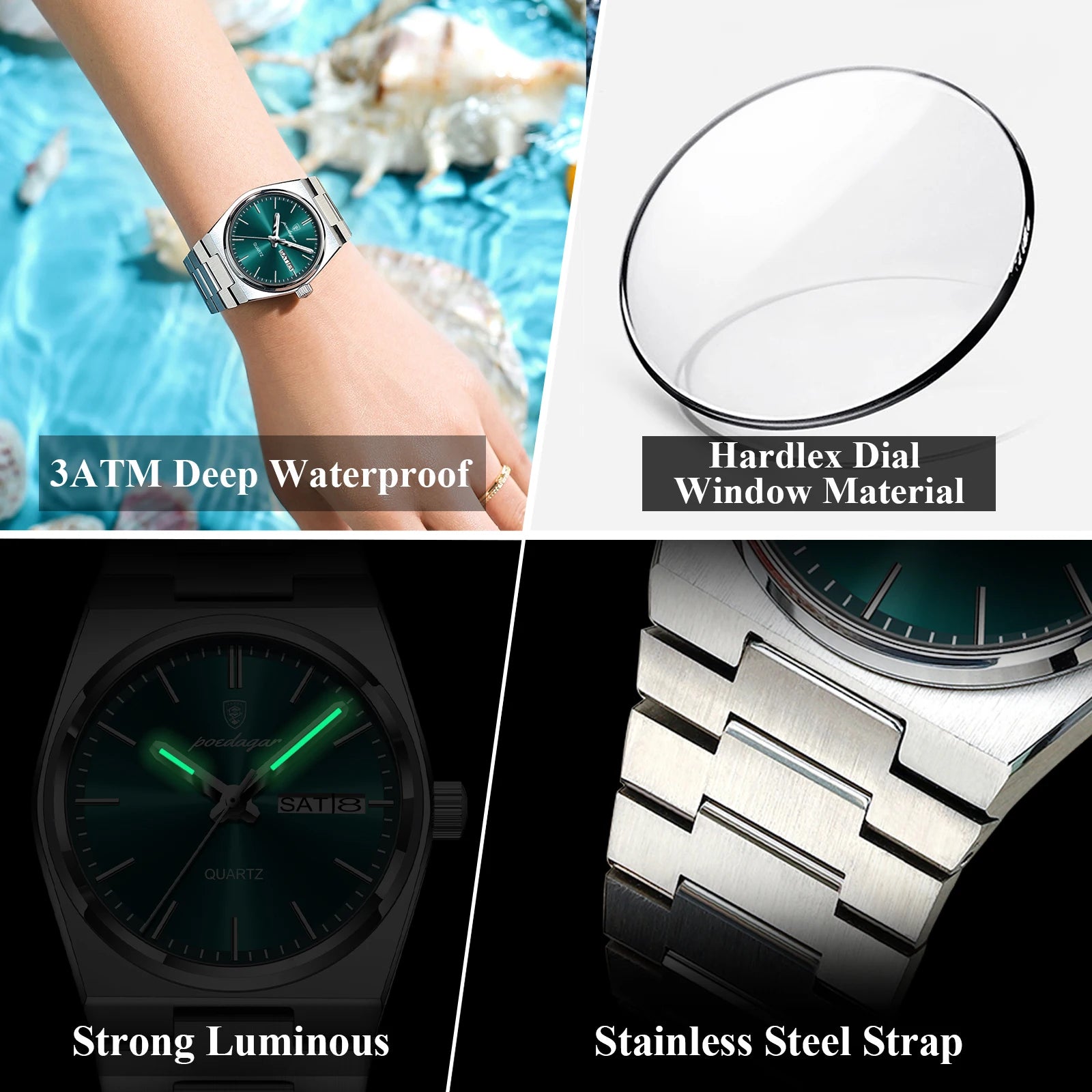 POEDAGAR Top Fashion Women Watch Waterproof Luminous Date Week Luxury Ladies Clock Quartz Stainless Steel Casual Woman's Watches