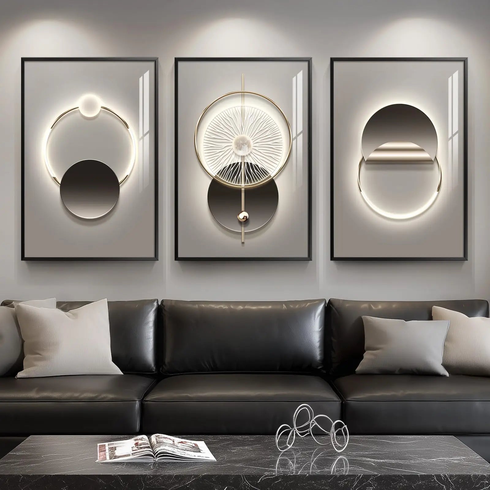 Large Framed Modern Wall Art for Living Room, 3 Piece Black and White Abstract Contemporary Pictures Artwork Decor, Geometric Luxury Bright Style Prints Paintings for Hallway and Office 24x36 Inch