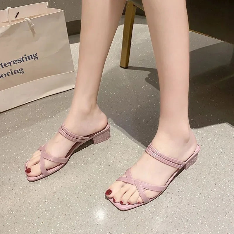 2022 New Fashionable Women's Sandals Slip-On Summer Thick Heel Slope Heel Shoes Two-Way Beachside Half Slippers PVC Material