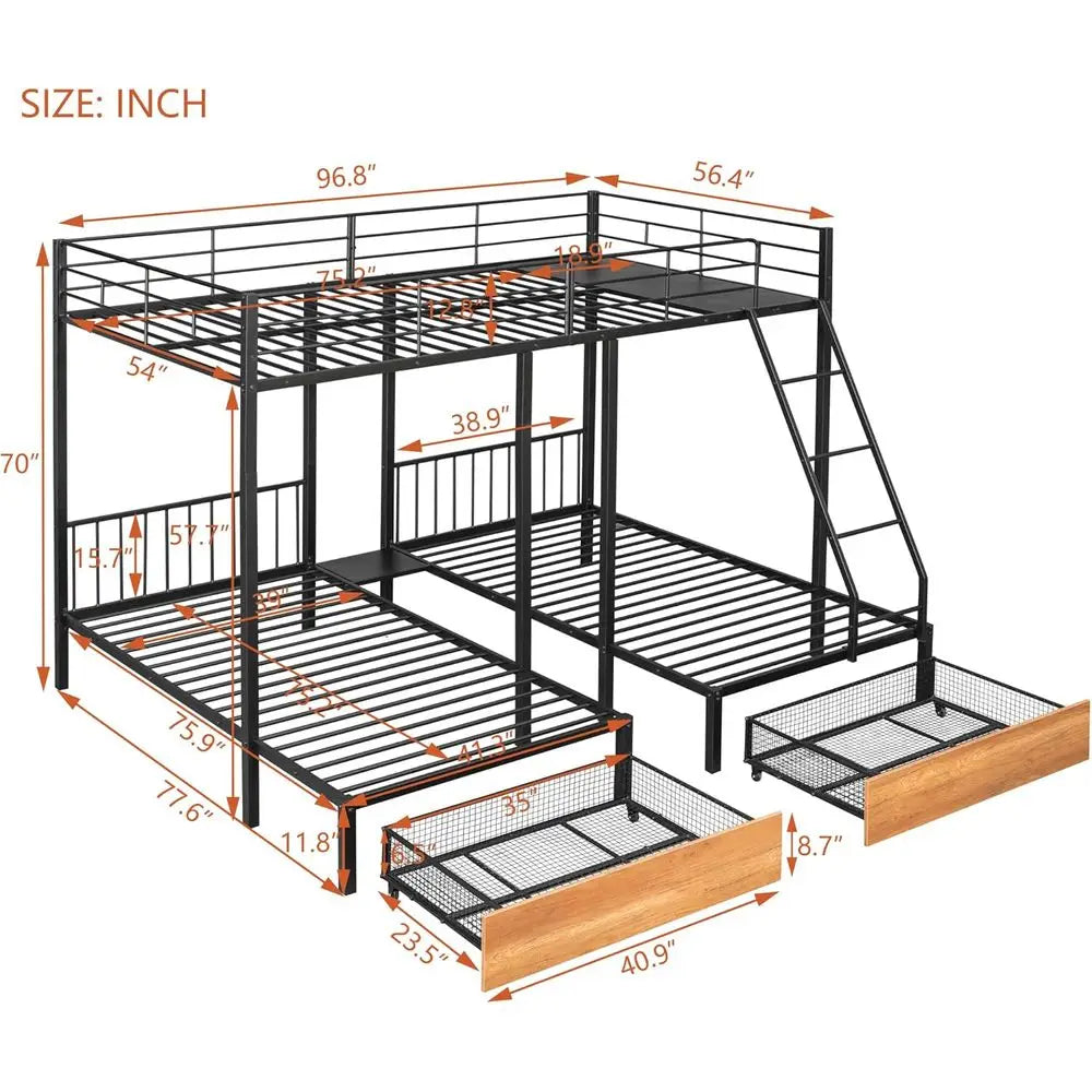 Triple Bunk Bed with Storage, Over Twin Metal Frame, Safety Guardrail & Ladder, Suitable for Kids, Teens, Adults, No Box Spring