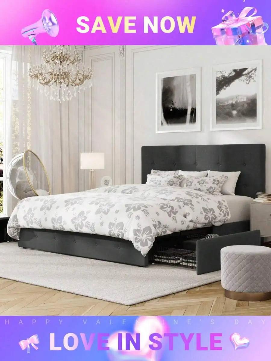 Full/Queen/King Platform Bed Frame With 4 Storage Drawers, Adjustable Headboard, Faux Leather Button Tufted Square Stitched Design, Wooden Slats, Noise-Free, No Box Spring Needed, Easy Assembly, Light Grey