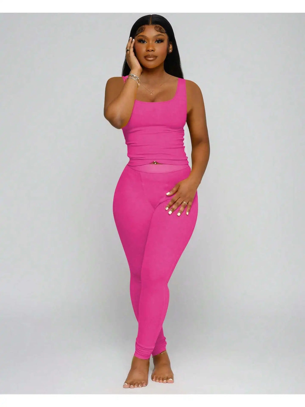 Women 2-Piece Activewear Set, ribbed crop tank top matched with high waist yoga leggings. Stretchy and skin-friendly fabric, snug fit, perfect for workout, yoga, gym training and daily casual leisure wear all day round