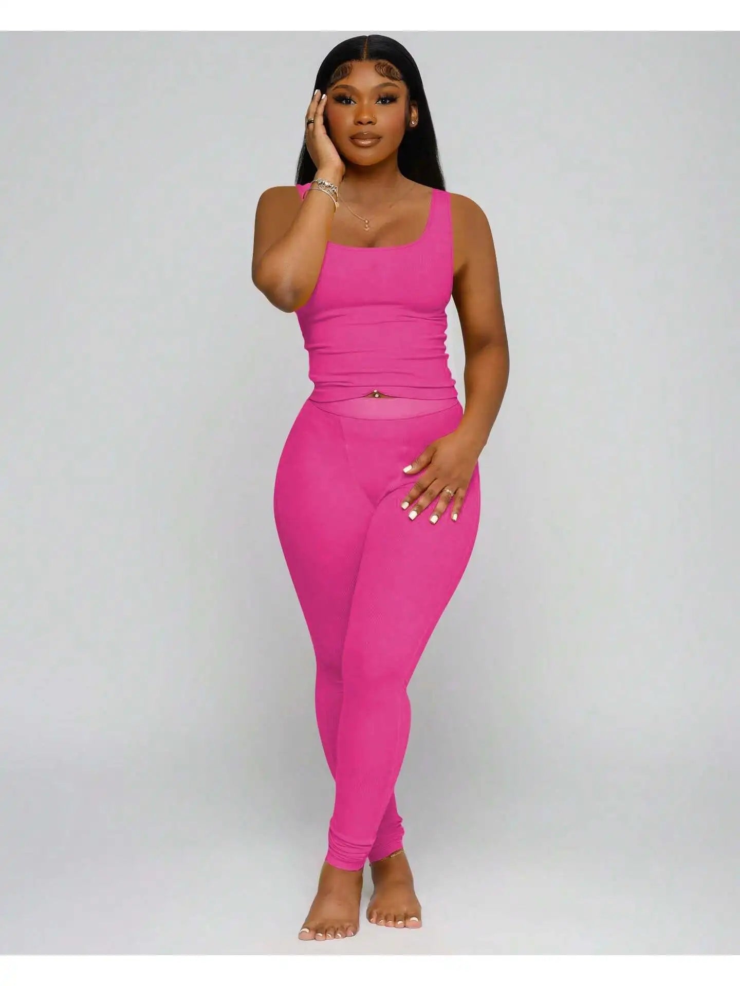 Women 2-Piece Activewear Set, ribbed crop tank top matched with high waist yoga leggings. Stretchy and skin-friendly fabric, snug fit, perfect for workout, yoga, gym training and daily casual leisure wear all day round