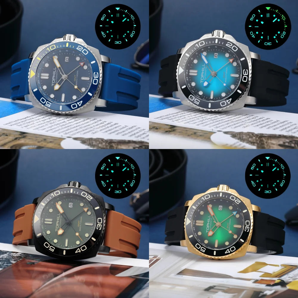 TOPHILL 43mm Men's Diving Watch NH34 GMT Automatic BGW9 C3 Luminous Quick Adjust Bracelet 300M Waterproof Sapphire Luxury TD012G