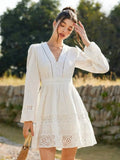 White V-Neck Long Sleeve Lace Dress A-Line Mini Elegant Bohemian Style Spring Autumn