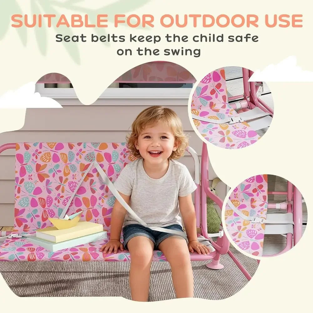 2-Person Pink Outdoor Swing Chair with Adjustable Seat and Safety Belt for Patio, Porch, or Garden