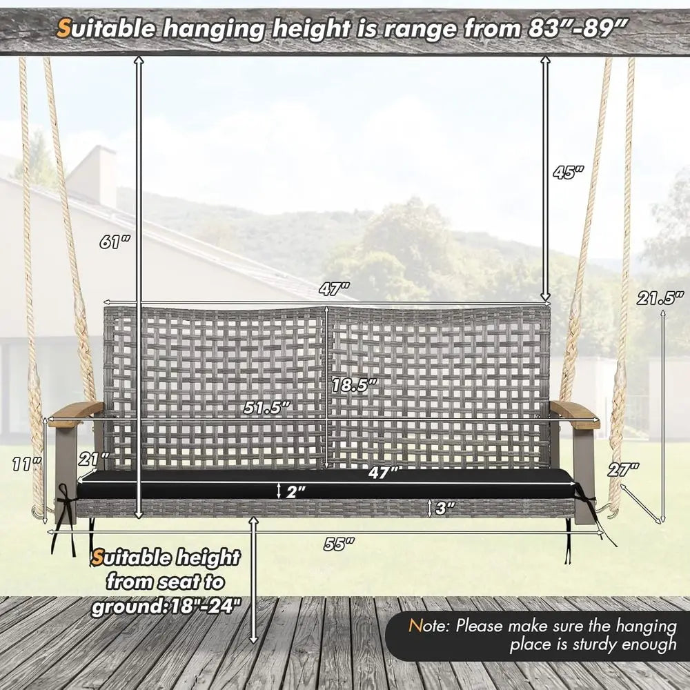 Outdoor 2-Person Porch Swing with Cushion and Ropes, Durable PE Rattan, Up to 800 lbs, Ideal for Patio, Garden (Black)